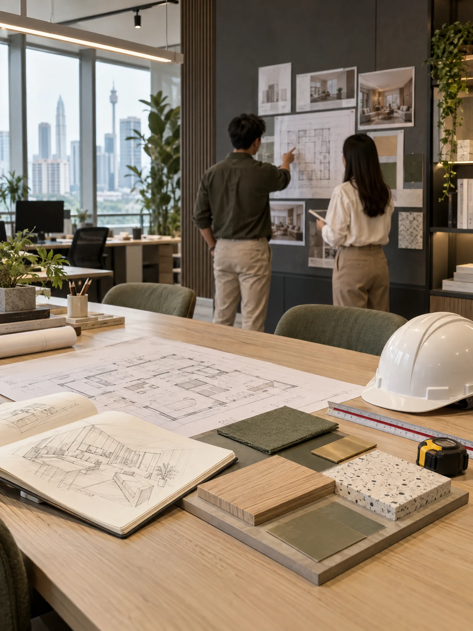 Design studio table with floor plans, sketches, material samples, a safety helmet and tape measure, as two team members review drawings on the wall