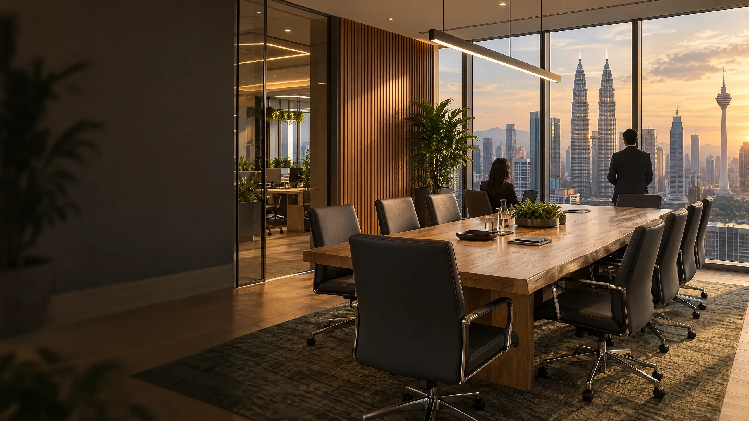 Executive boardroom with oak table at golden hour overlooking the Petronas Towers and KL Tower