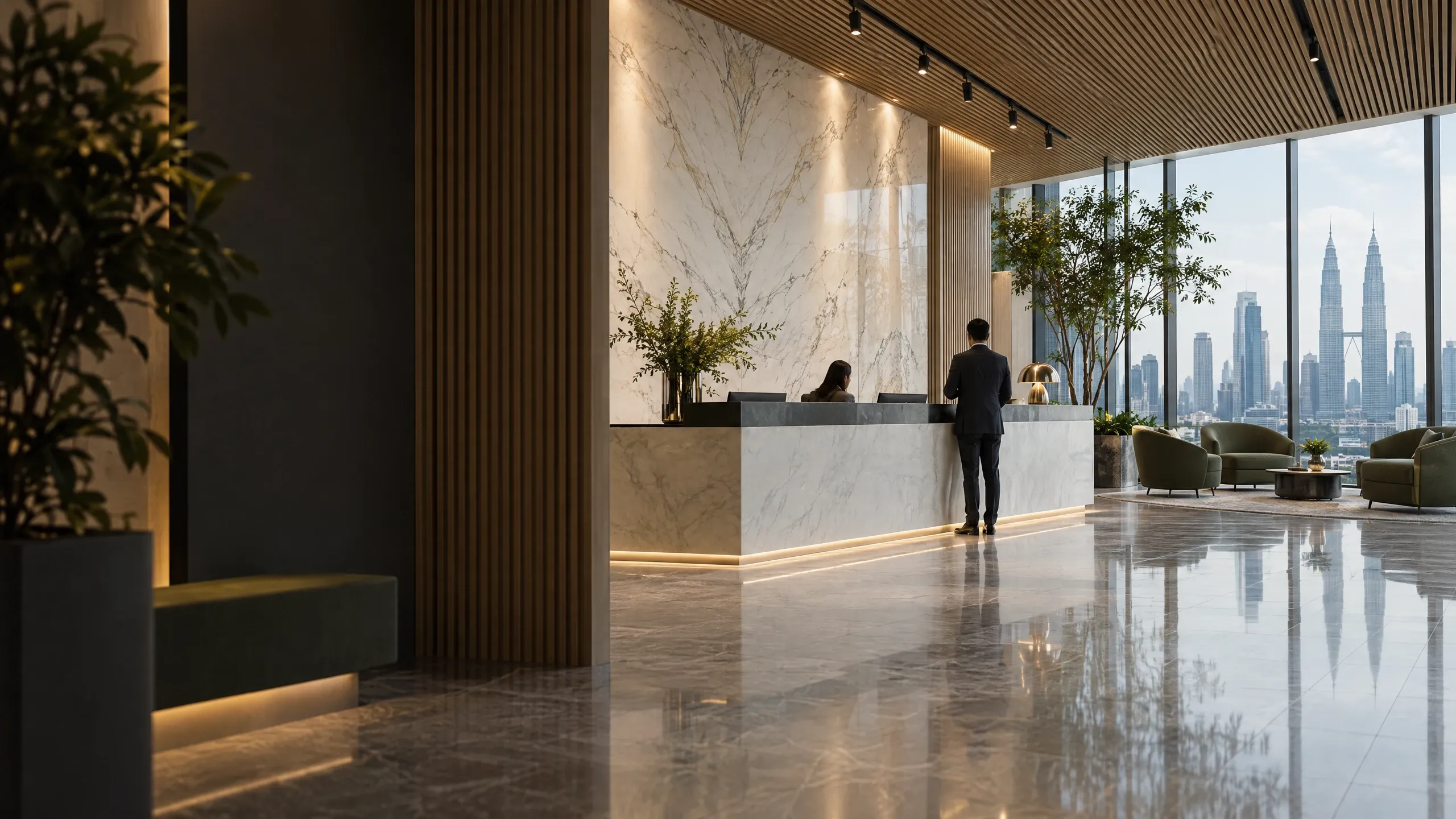 Corporate reception lobby with marble feature wall, oak slat ceiling and Kuala Lumpur skyline view