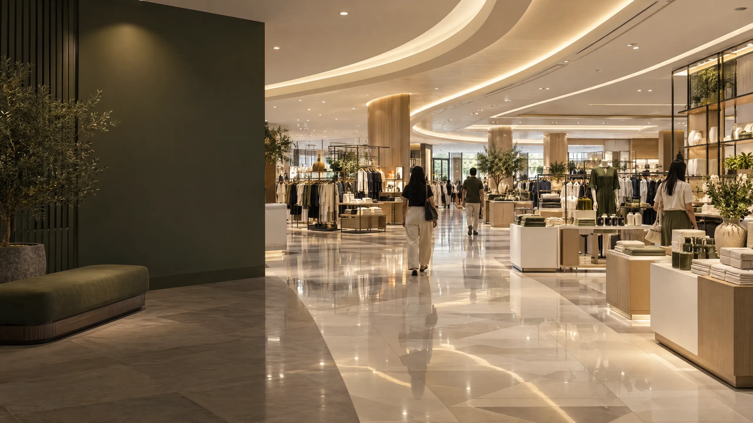 Premium anchor store in a shopping mall with curved cove-lit ceiling and oak display islands