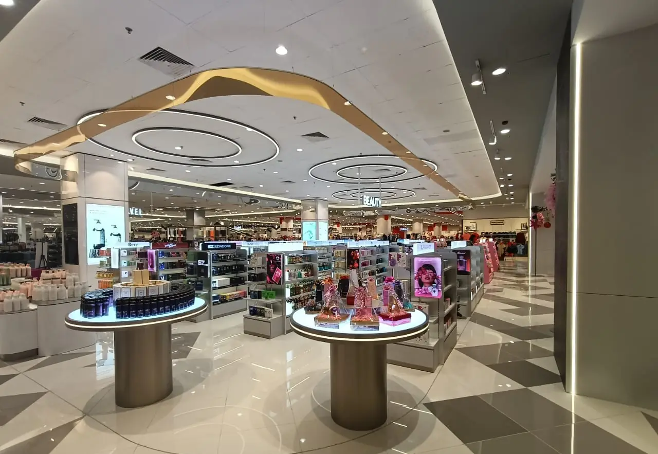 AEON Bukit Indah cosmetics counters with feature ceiling and lighting