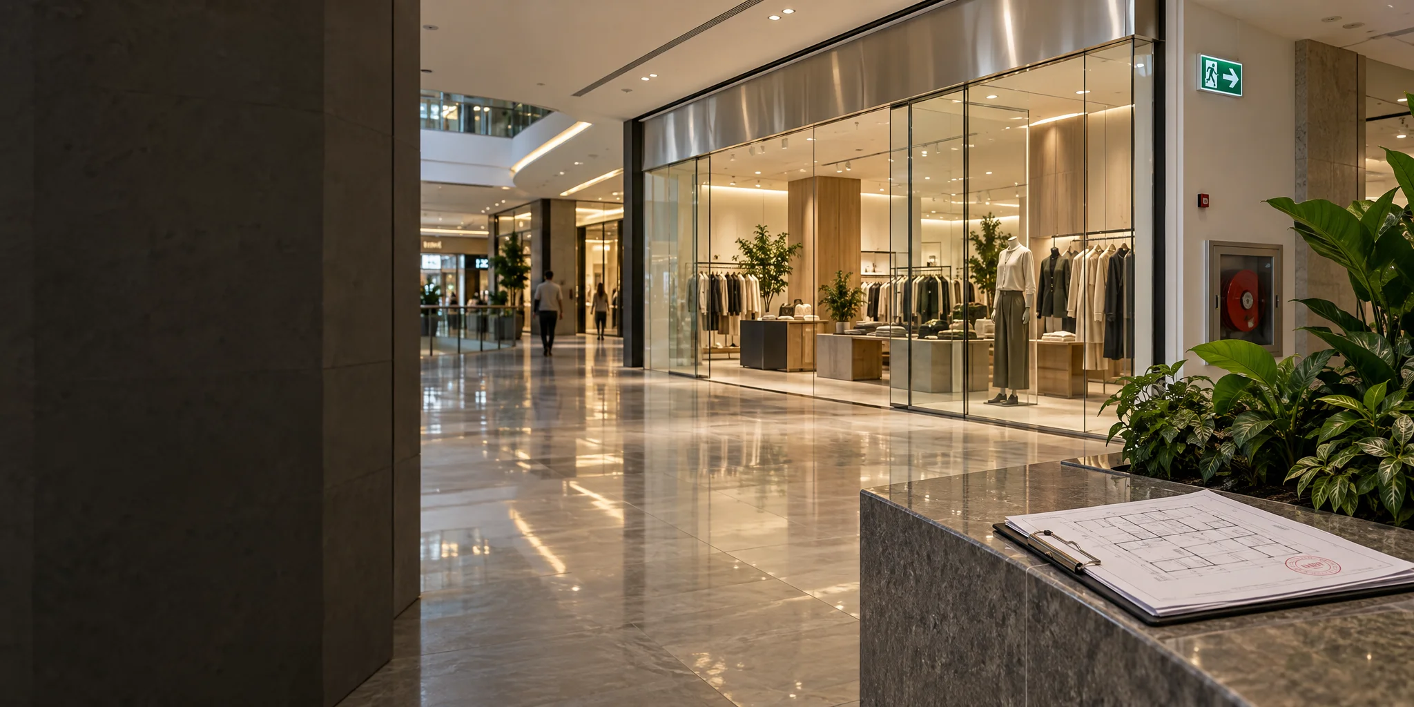 Approved drawing set on a clipboard outside a completed retail unit in a shopping mall, with fire-safety fittings
