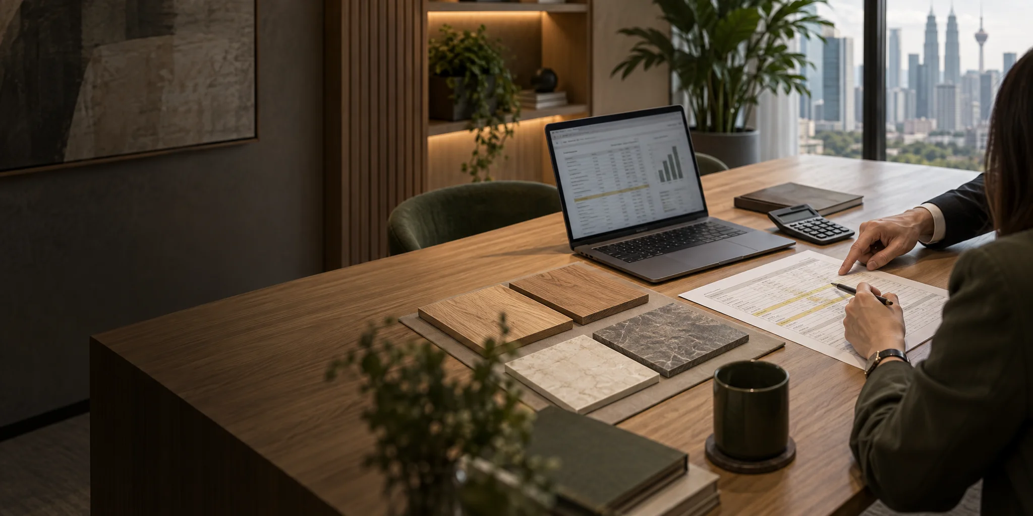 Reviewing a cost breakdown beside oak and stone material samples on a meeting table