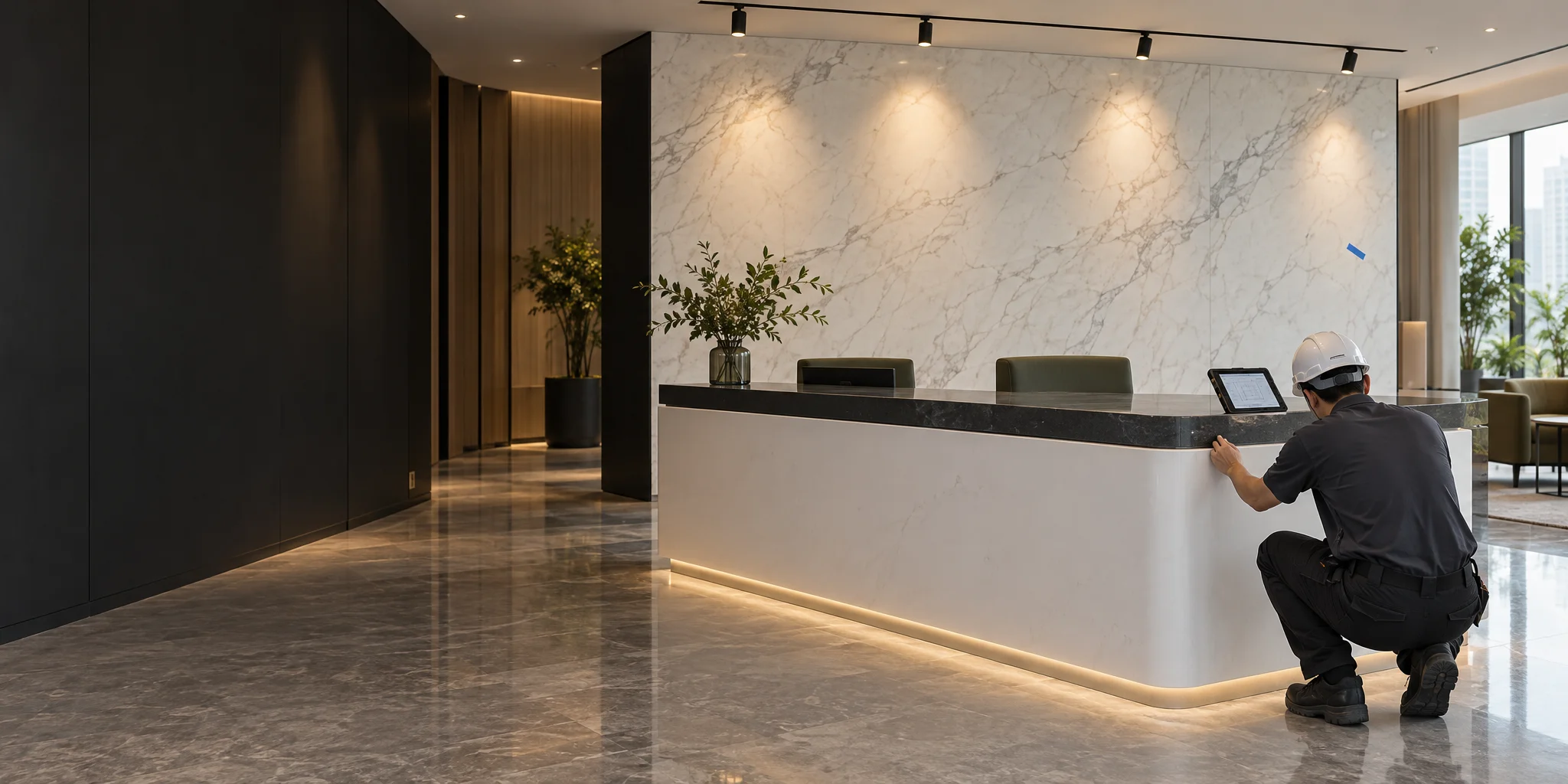 Technician inspecting a reception counter with a checklist tablet in a finished corporate lobby
