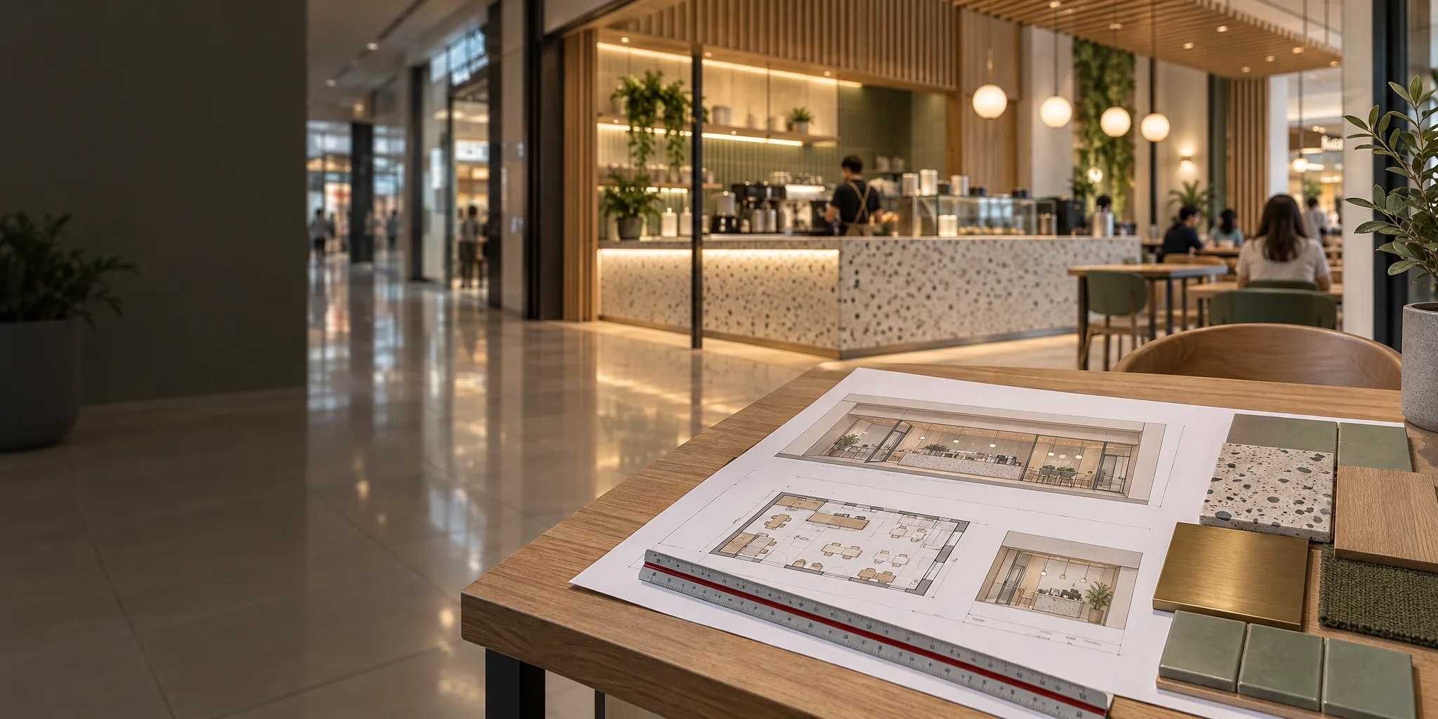 Shopfront drawings and material samples on a table, with the finished café outlet in a shopping mall behind