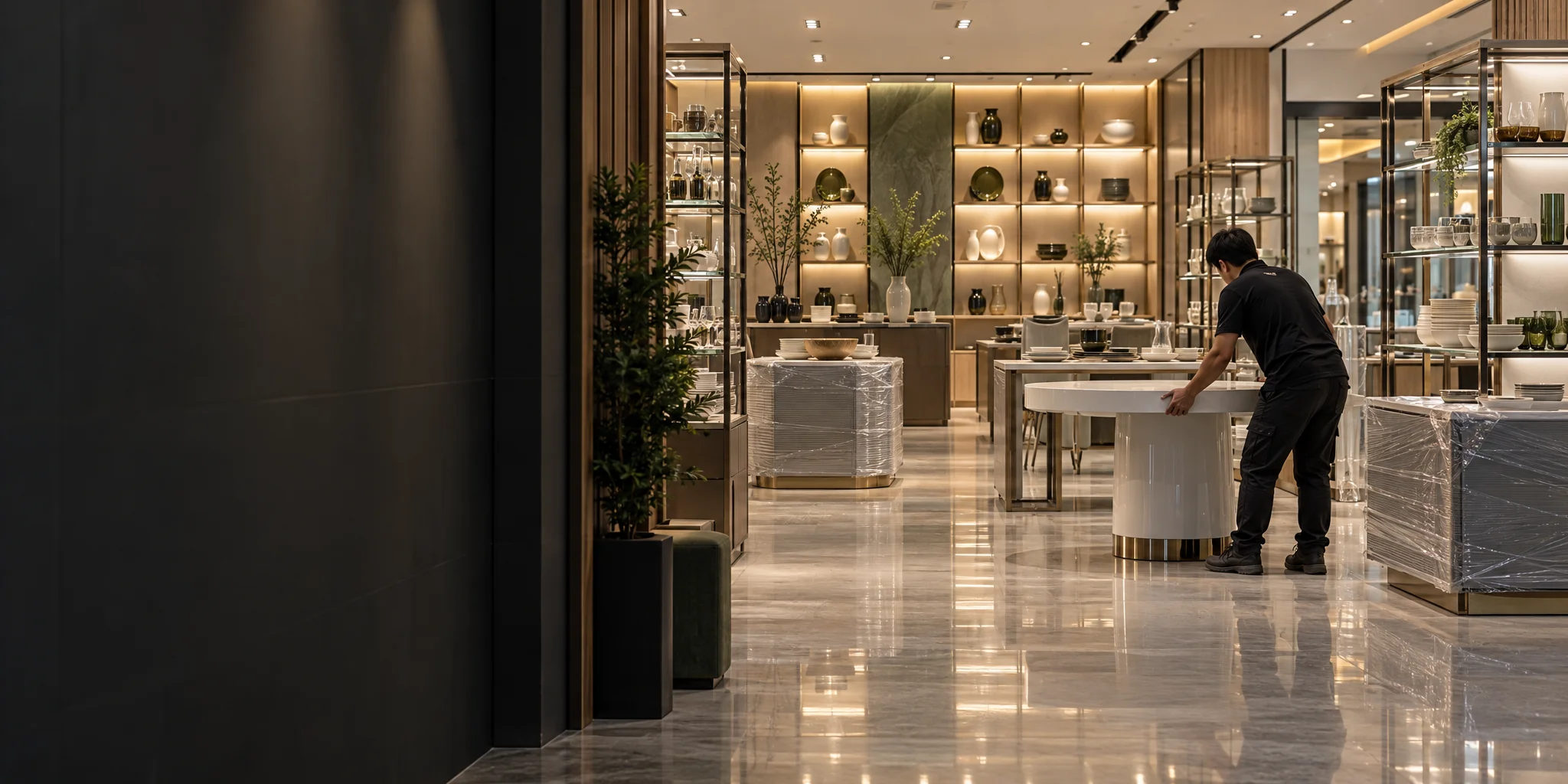 Installer positioning white display tables and glass shelving in a premium retail store in a shopping mall