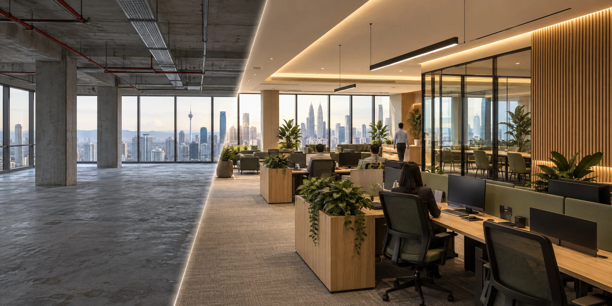 Bare concrete office shell with Kuala Lumpur views on the left, transforming into a finished biophilic office with planters, glass meeting rooms and oak slat wall on the right