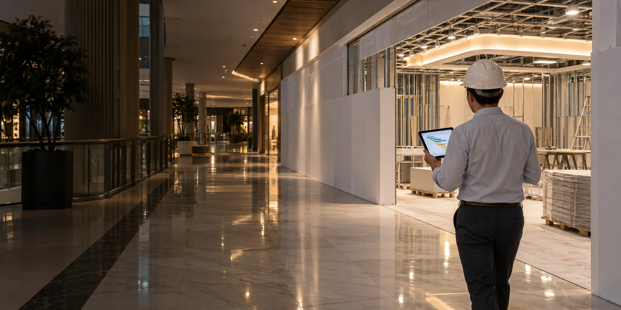 Project manager with a tablet walking past a retail unit being fitted out in a shopping mall after hours