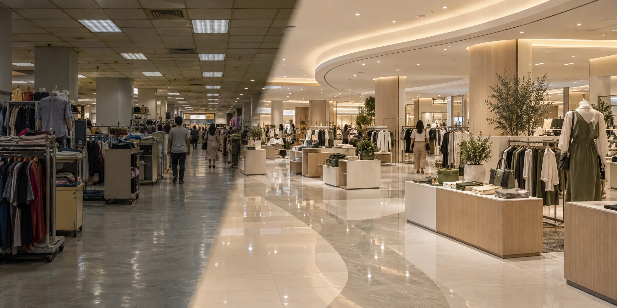 Dated department store floor on the left transforming into a refurbished, brightly lit anchor store on the right