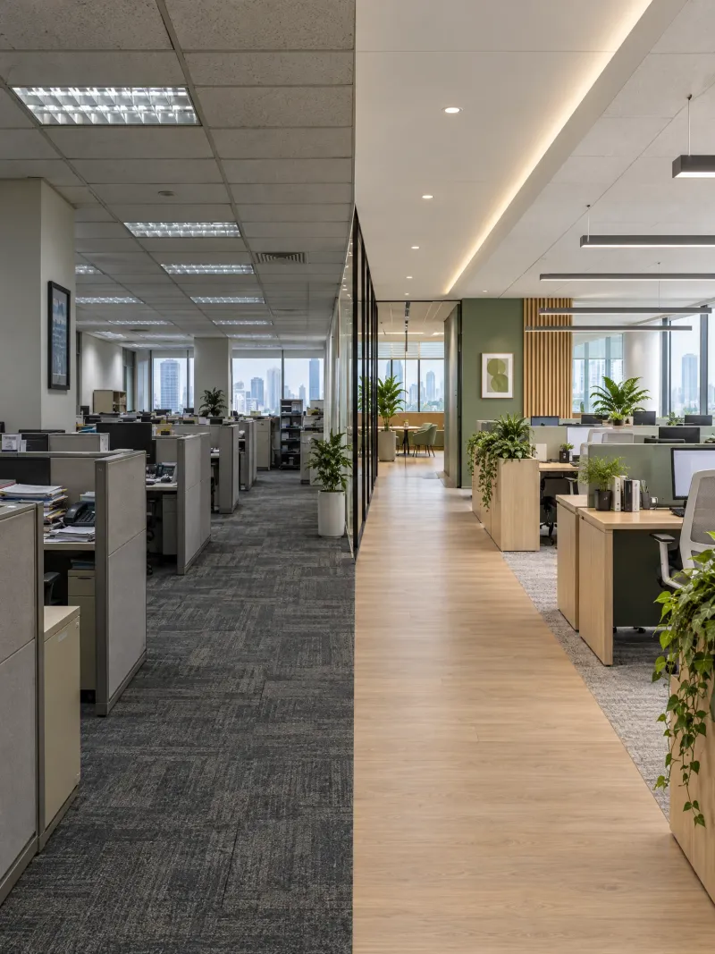 Office floor half old and half renovated: dated cubicles on the left, a bright timber-floored workspace on the right