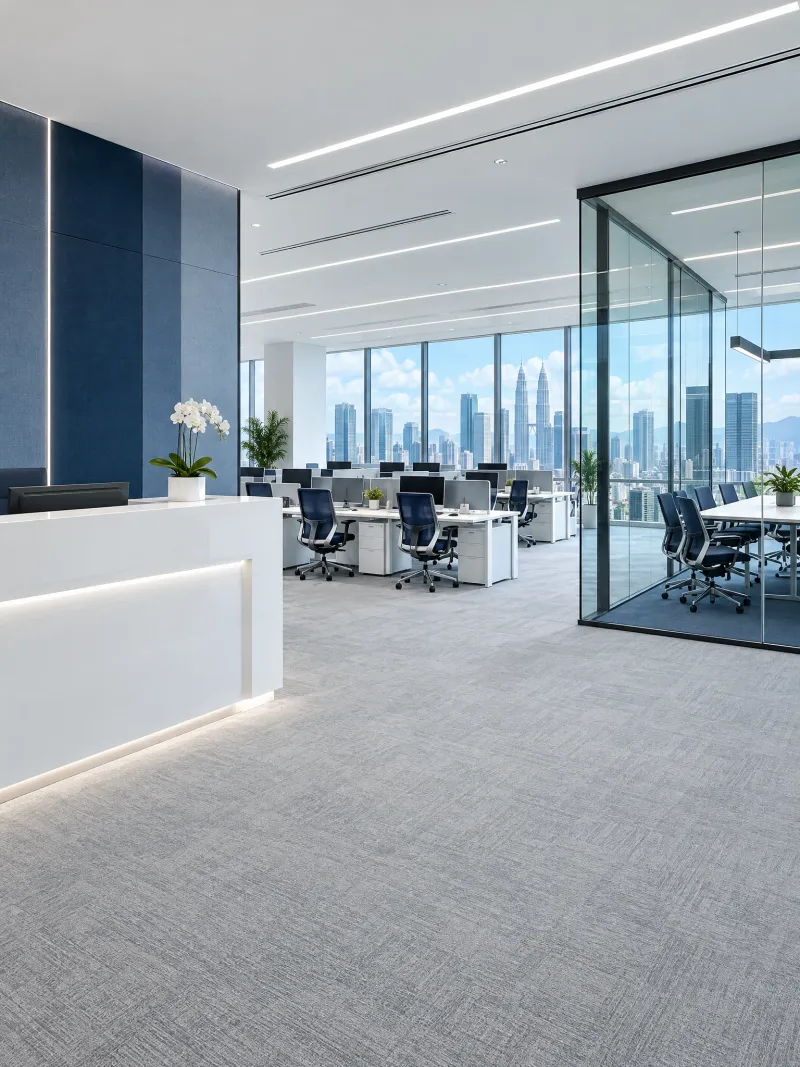 Bright corporate office with white reception desk, navy acoustic panels, open workspace, glass meeting room and Kuala Lumpur skyline