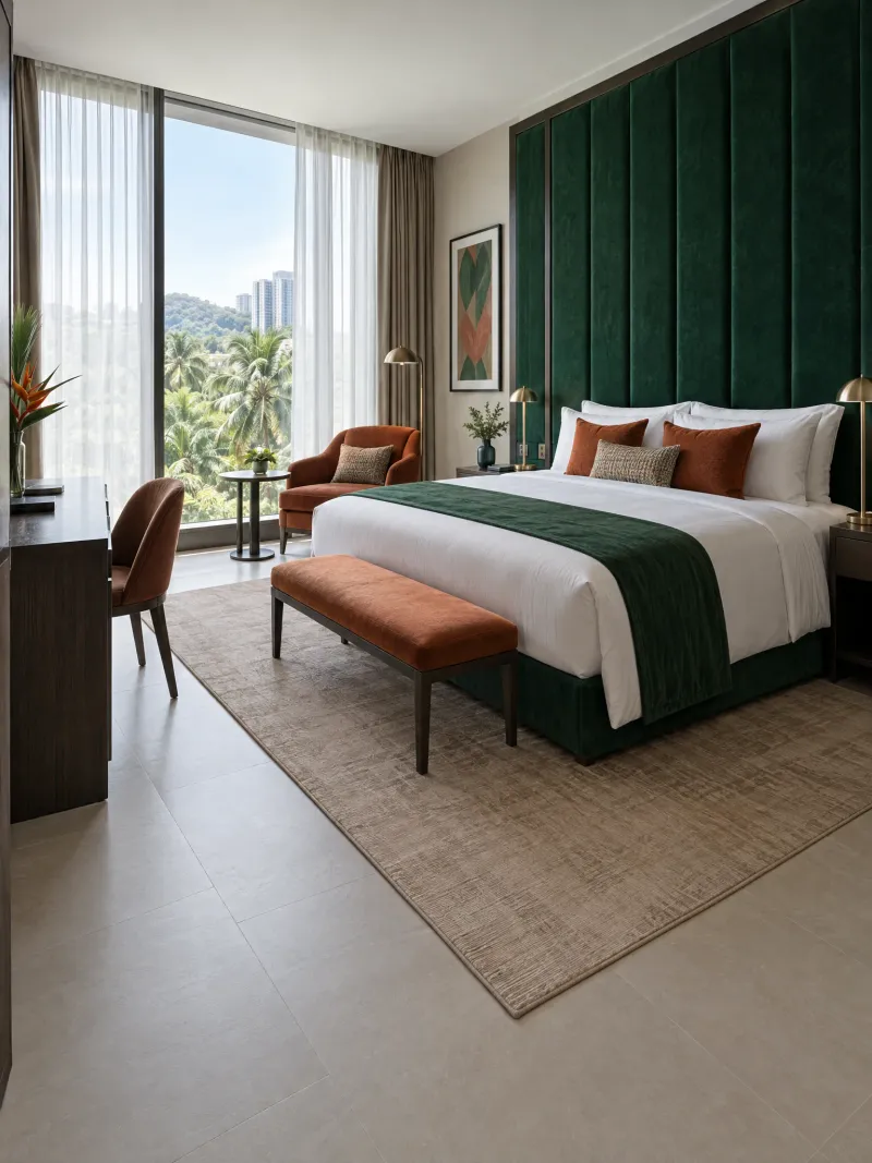 Hotel guest room with emerald velvet headboard wall, white bedding, terracotta armchair and bench, and daylight through full-height windows