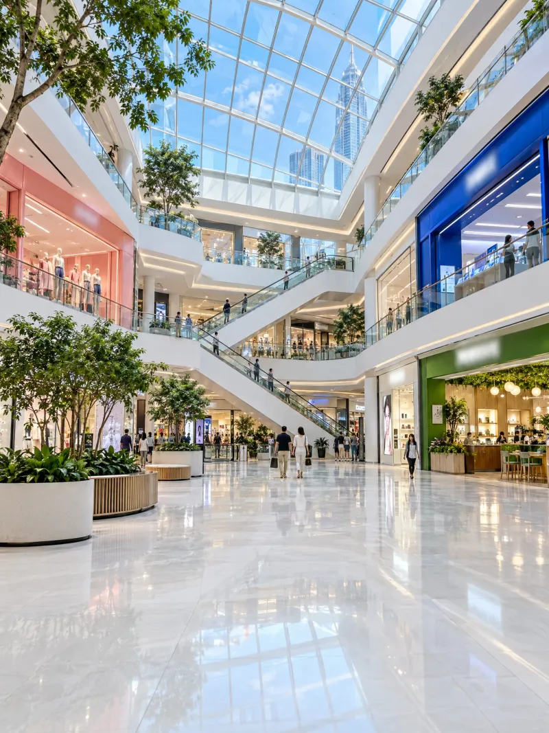 Multi-level shopping mall atrium with glass skylight, escalators and colourful shopfronts